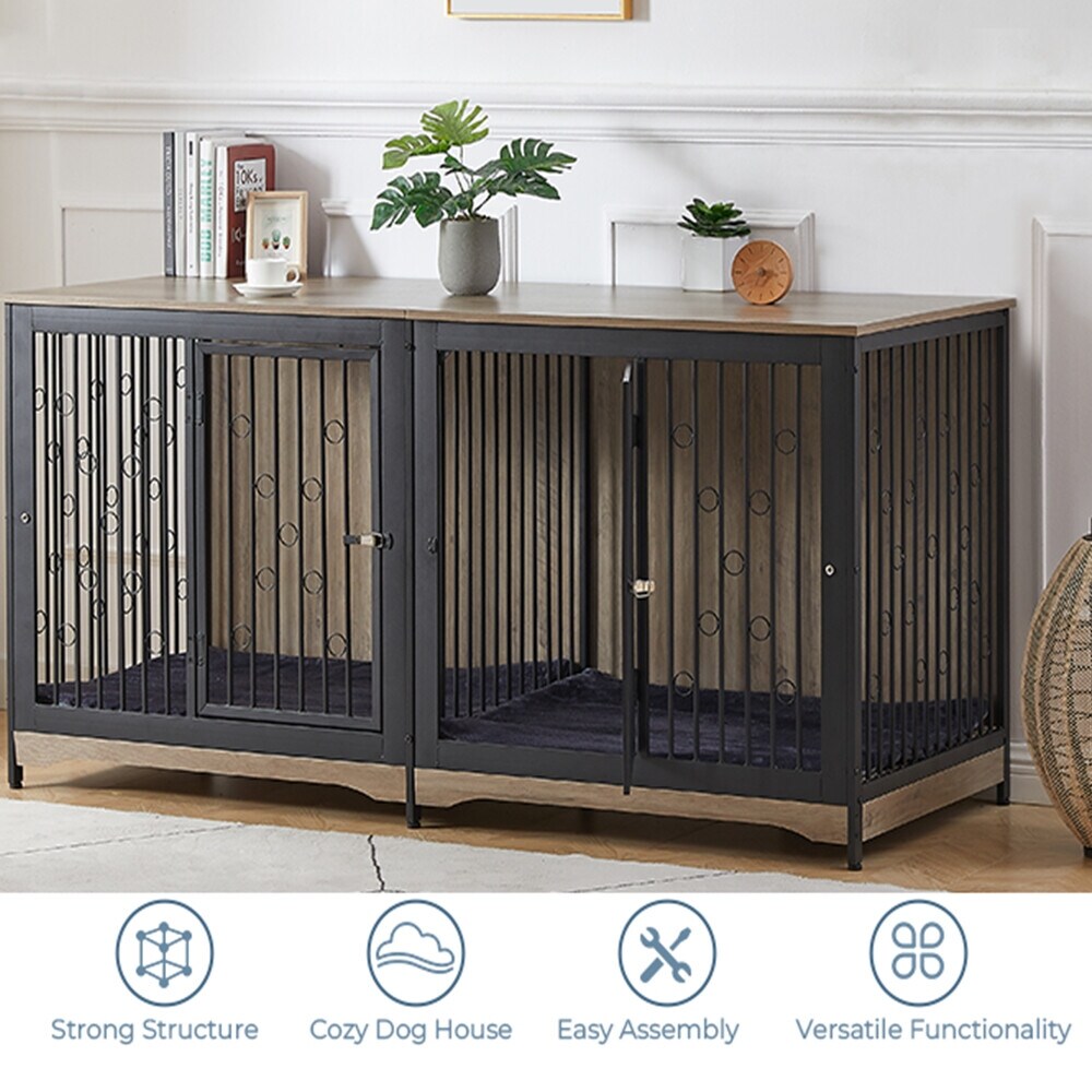 Meuble Cage pour Chien 70.86'' Grande Race Meuble TV avec Coussin & Deux Chambres (Sans Coussin)
