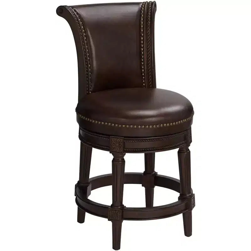 55 Downing Street Addison Walnut Swivel Bar Stool Brown 26 High Traditional Mocha Leather Cushion with Backrest Footrest for Kitchen Counter Height