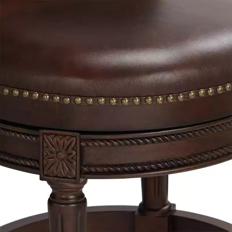 55 Downing Street Addison Tabouret de bar pivotant en noyer marron 26 po de hauteur traditionnel avec coussin en cuir couleur moka et dossier, repose-pieds pour comptoir de cuisine