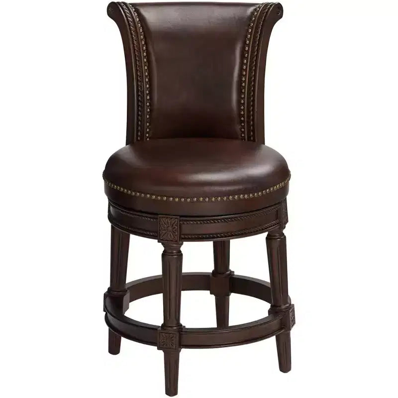 55 Downing Street Addison Tabouret de bar pivotant en noyer marron 26 po de hauteur traditionnel avec coussin en cuir couleur moka et dossier, repose-pieds pour comptoir de cuisine