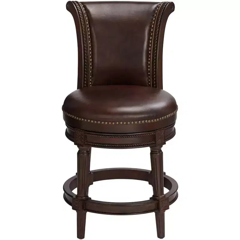 55 Downing Street Addison Tabouret de bar pivotant en noyer marron 26 po de hauteur traditionnel avec coussin en cuir couleur moka et dossier, repose-pieds pour comptoir de cuisine