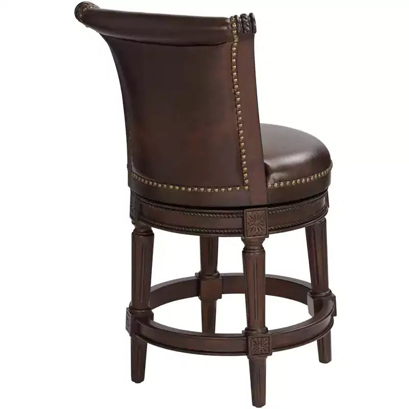 55 Downing Street Addison Tabouret de bar pivotant en noyer marron 26 po de hauteur traditionnel avec coussin en cuir couleur moka et dossier, repose-pieds pour comptoir de cuisine