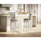 55 Downing Street Tabouret de bar pivotant Oliver Wood blanc 76,2 cm de haut avec coussin défilant traditionnel en étain avec dossier et repose-pieds pour hauteur de comptoir de cuisine