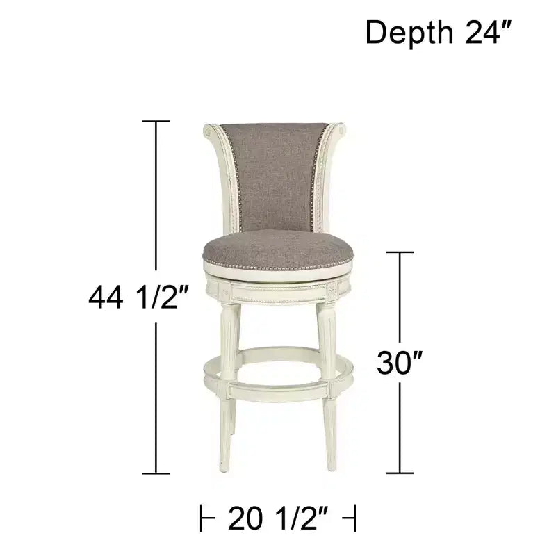 55 Downing Street Tabouret de bar pivotant Oliver Wood blanc 76,2 cm de haut avec coussin défilant traditionnel en étain avec dossier et repose-pieds pour hauteur de comptoir de cuisine