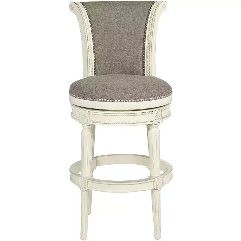 55 Downing Street Tabouret de bar pivotant Oliver Wood blanc 76,2 cm de haut avec coussin défilant traditionnel en étain avec dossier et repose-pieds pour hauteur de comptoir de cuisine