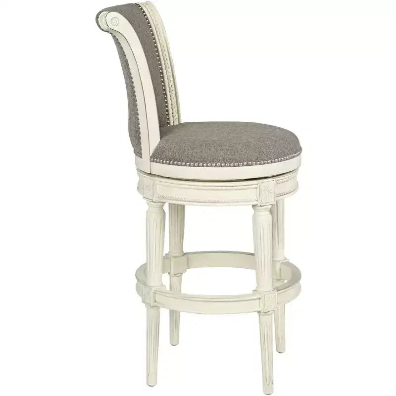 55 Downing Street Tabouret de bar pivotant Oliver Wood blanc 76,2 cm de haut avec coussin défilant traditionnel en étain avec dossier et repose-pieds pour hauteur de comptoir de cuisine