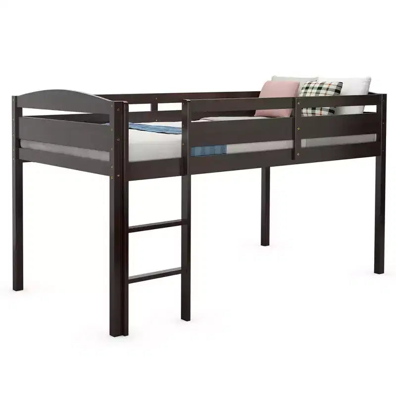Lit superposé simple mi-hauteur Costway Junior avec barrière de sécurité et échelle en bois, coloris blanc/espresso/gris