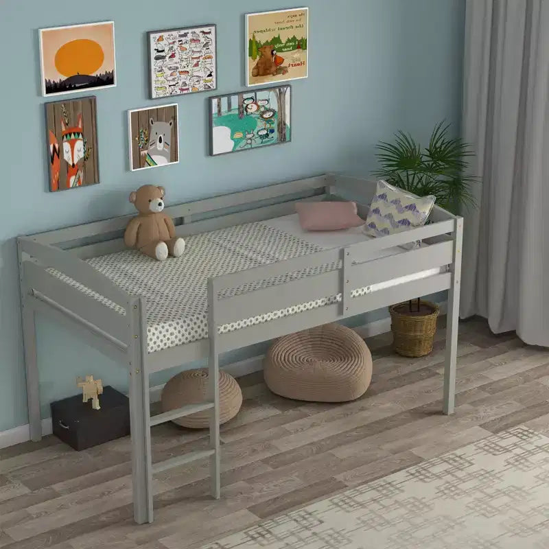 Lit superposé simple mi-hauteur Costway Junior avec barrière de sécurité et échelle en bois, coloris blanc/espresso/gris