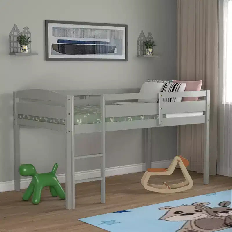 Lit superposé simple mi-hauteur Costway Junior avec barrière de sécurité et échelle en bois, coloris blanc/espresso/gris