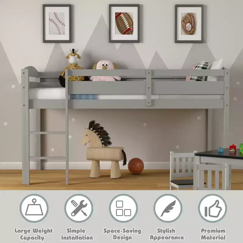 Lit superposé simple mi-hauteur Costway Junior avec barrière de sécurité et échelle en bois, coloris blanc/espresso/gris