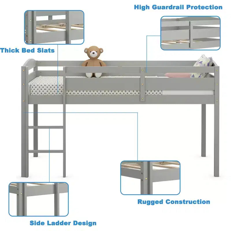 Lit superposé simple mi-hauteur Costway Junior avec barrière de sécurité et échelle en bois, coloris blanc/espresso/gris