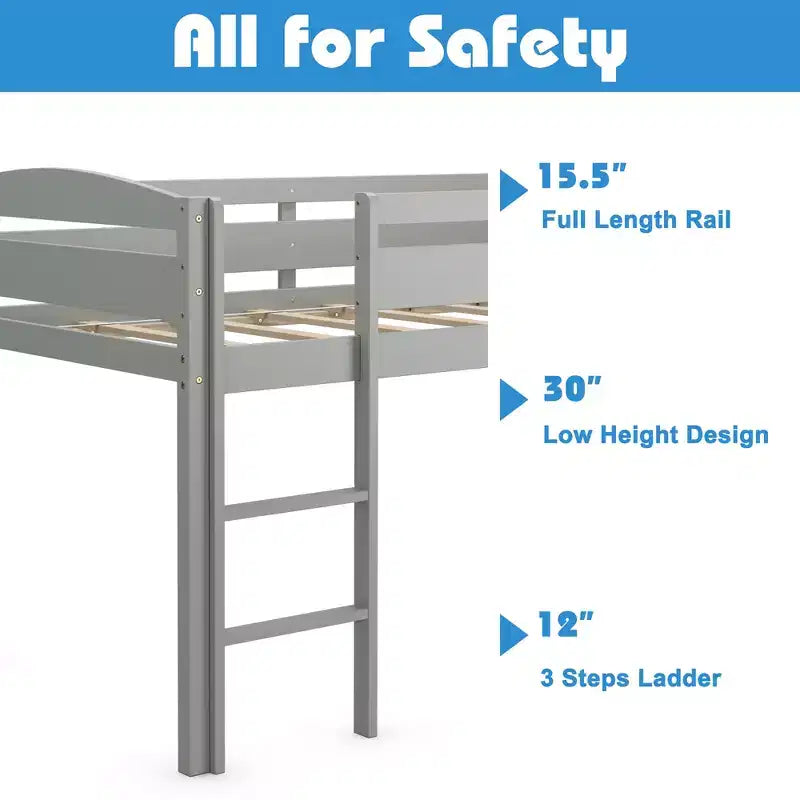 Lit superposé simple mi-hauteur Costway Junior avec barrière de sécurité et échelle en bois, coloris blanc/espresso/gris