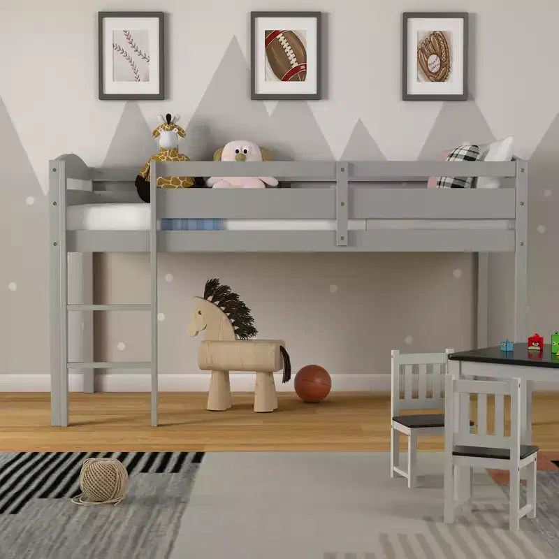 Lit superposé simple mi-hauteur Costway Junior avec barrière de sécurité et échelle en bois, coloris blanc/espresso/gris