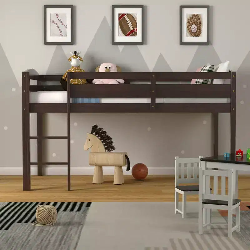 Lit superposé simple mi-hauteur Costway Junior avec barrière de sécurité et échelle en bois, coloris blanc/espresso/gris