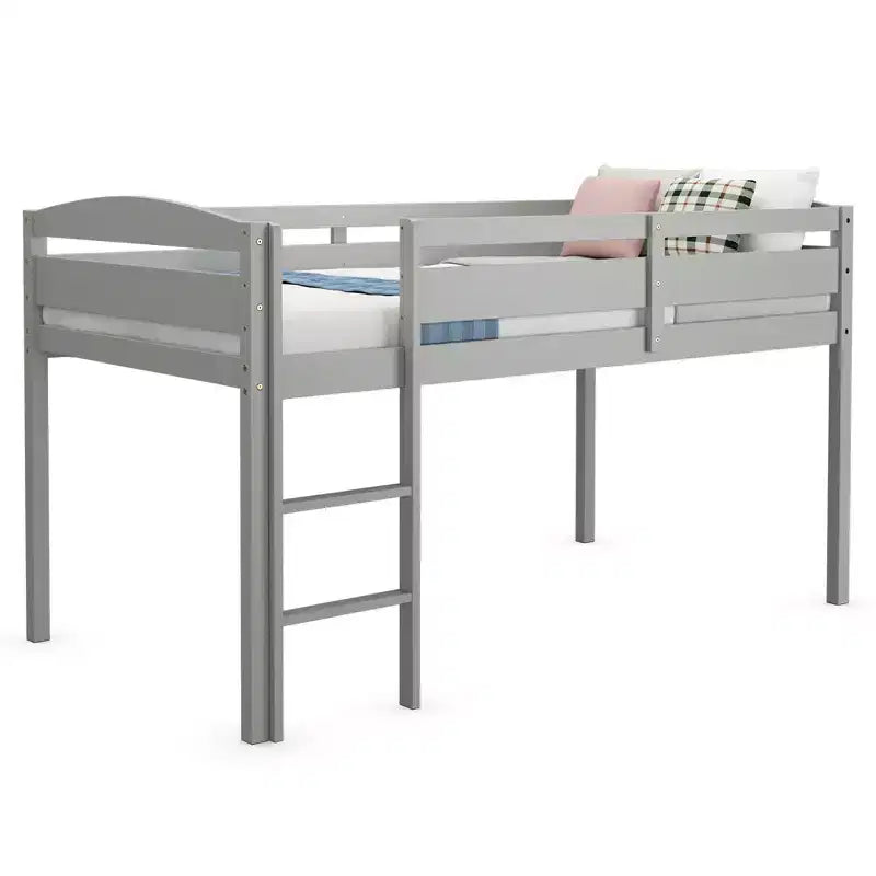 Lit superposé simple mi-hauteur Costway Junior avec barrière de sécurité et échelle en bois, coloris blanc/espresso/gris