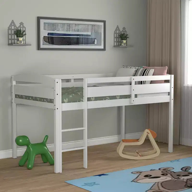 Lit superposé simple mi-hauteur Costway Junior avec barrière de sécurité et échelle en bois, coloris blanc/espresso/gris