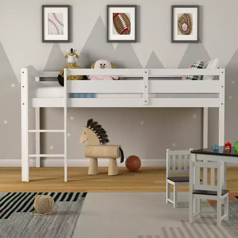 Lit superposé simple mi-hauteur Costway Junior avec barrière de sécurité et échelle en bois, coloris blanc/espresso/gris