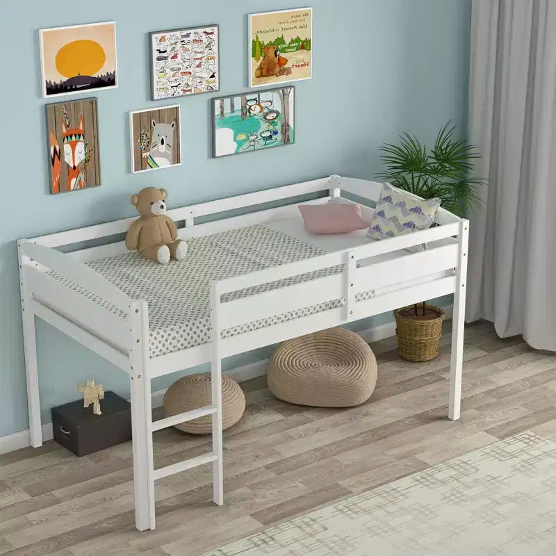Lit superposé simple mi-hauteur Costway Junior avec barrière de sécurité et échelle en bois, coloris blanc/espresso/gris