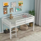 Lit superposé simple mi-hauteur Costway Junior avec barrière de sécurité et échelle en bois, coloris blanc/espresso/gris