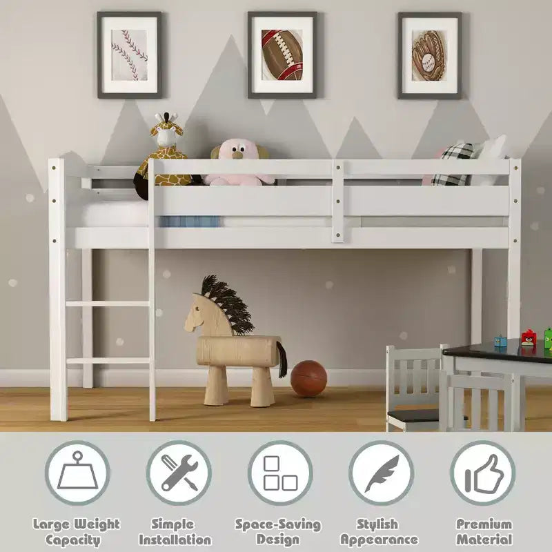 Lit superposé simple mi-hauteur Costway Junior avec barrière de sécurité et échelle en bois, coloris blanc/espresso/gris