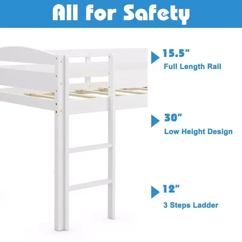 Lit superposé simple mi-hauteur Costway Junior avec barrière de sécurité et échelle en bois, coloris blanc/espresso/gris