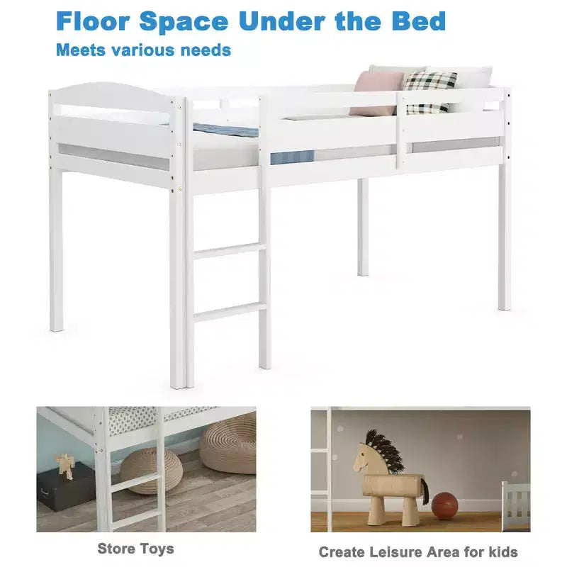 Lit superposé simple mi-hauteur Costway Junior avec barrière de sécurité et échelle en bois, coloris blanc/espresso/gris