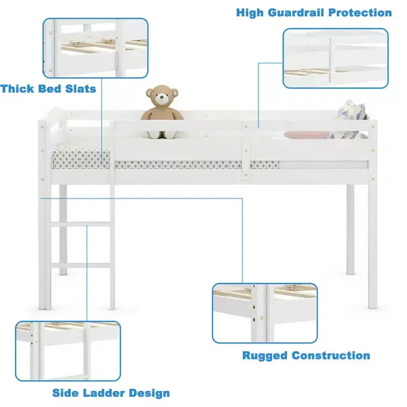 Lit superposé simple mi-hauteur Costway Junior avec barrière de sécurité et échelle en bois, coloris blanc/espresso/gris