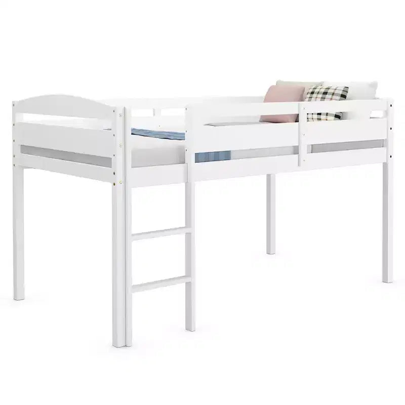 Lit superposé simple mi-hauteur Costway Junior avec barrière de sécurité et échelle en bois, coloris blanc/espresso/gris