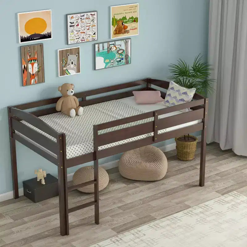 Lit superposé simple mi-hauteur Costway Junior avec barrière de sécurité et échelle en bois, coloris blanc/espresso/gris