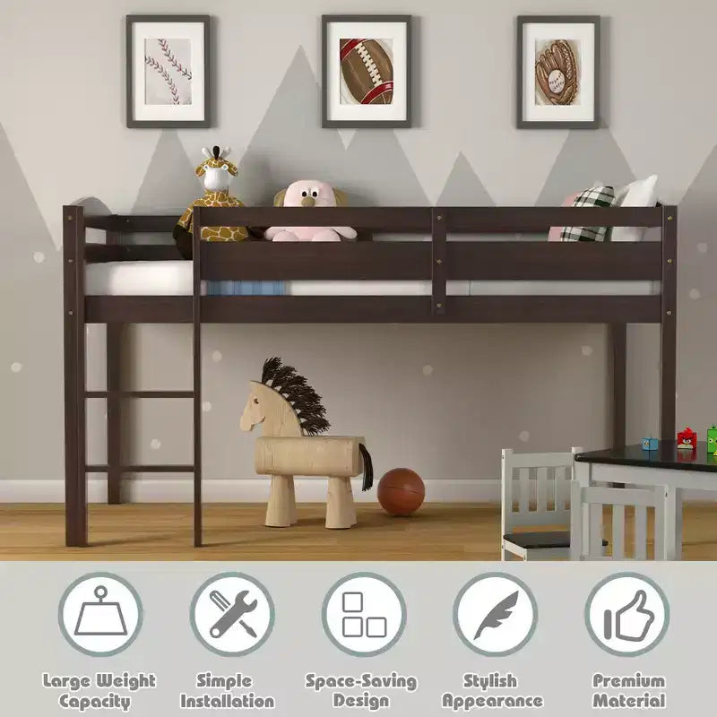 Lit superposé simple mi-hauteur Costway Junior avec barrière de sécurité et échelle en bois, coloris blanc/espresso/gris