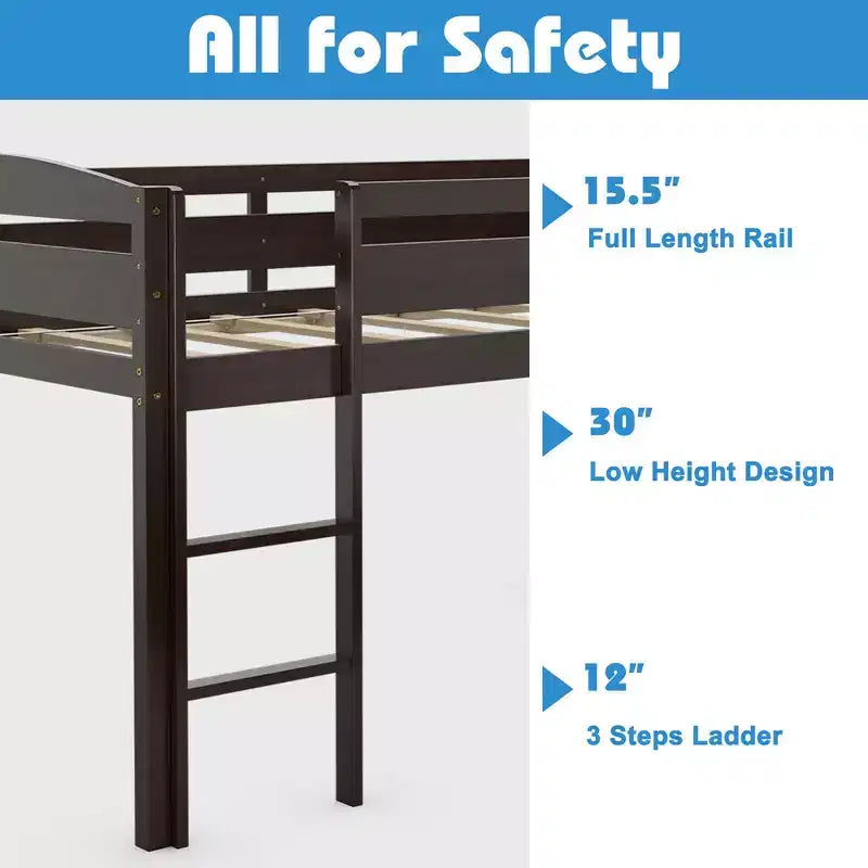 Lit superposé simple mi-hauteur Costway Junior avec barrière de sécurité et échelle en bois, coloris blanc/espresso/gris