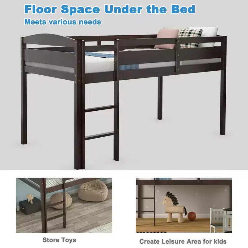 Lit superposé simple mi-hauteur Costway Junior avec barrière de sécurité et échelle en bois, coloris blanc/espresso/gris
