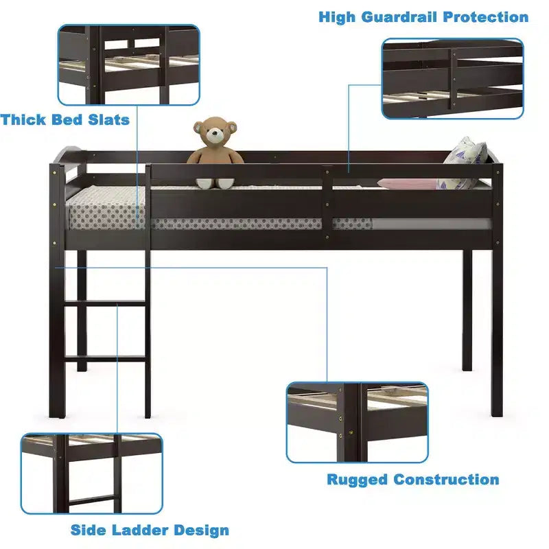 Lit superposé simple mi-hauteur Costway Junior avec barrière de sécurité et échelle en bois, coloris blanc/espresso/gris
