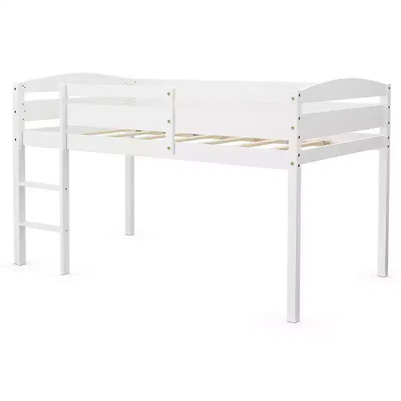 Lit superposé simple mi-hauteur Costway Junior avec barrière de sécurité et échelle en bois, coloris blanc/espresso/gris