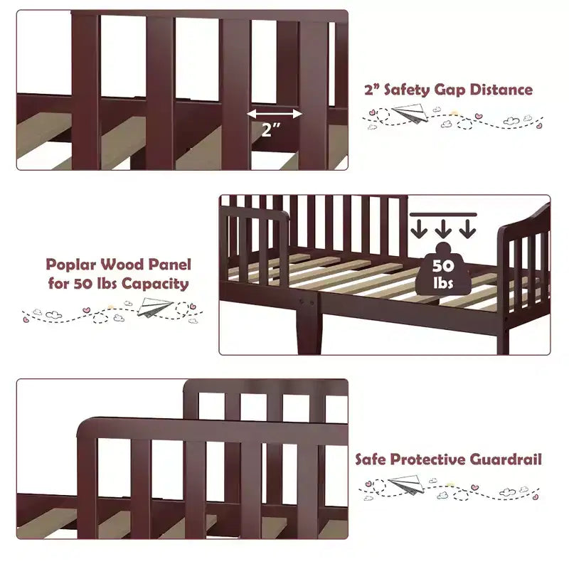 Lit pour enfant Costway en bois avec barrières de sécurité, coloris noir/marron/gris/blanc