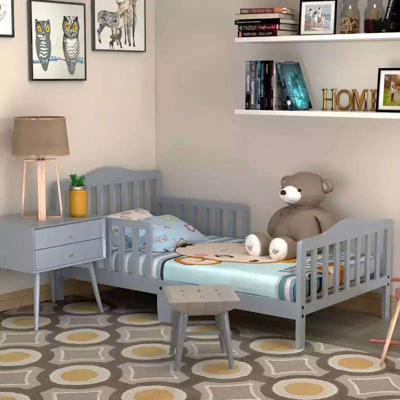 Lit pour enfant Costway en bois avec barrières de sécurité, coloris noir/marron/gris/blanc