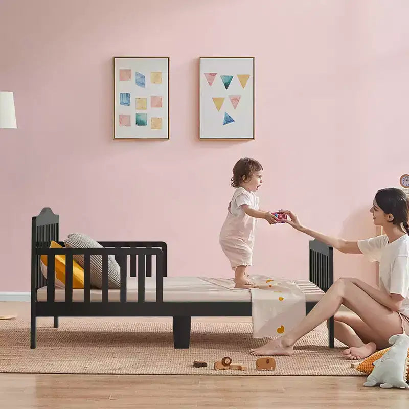 Lit pour enfant Costway en bois avec barrières de sécurité, coloris noir/marron/gris/blanc