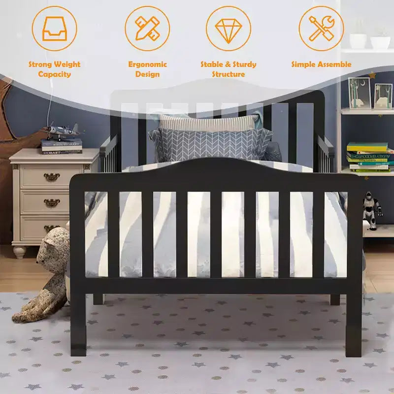 Lit pour enfant Costway en bois avec barrières de sécurité, coloris noir/marron/gris/blanc