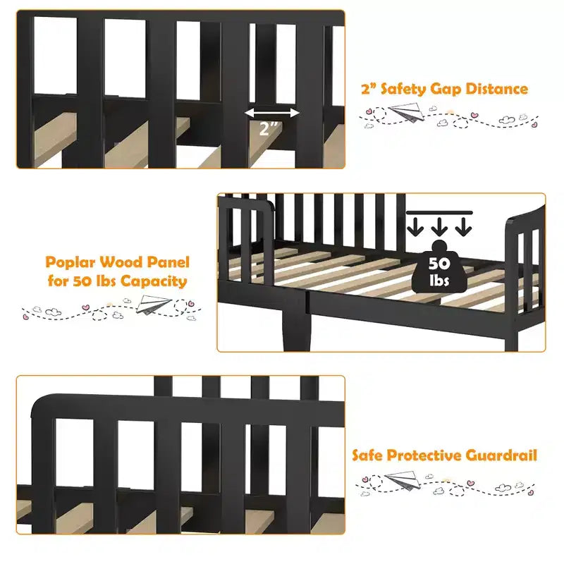 Lit pour enfant Costway en bois avec barrières de sécurité, coloris noir/marron/gris/blanc