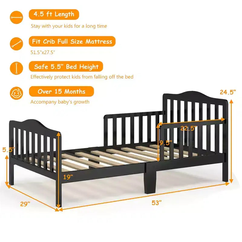 Lit pour enfant Costway en bois avec barrières de sécurité, coloris noir/marron/gris/blanc