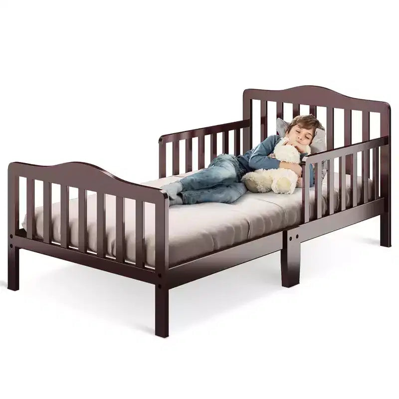 Lit pour enfant Costway en bois avec barrières de sécurité, coloris noir/marron/gris/blanc