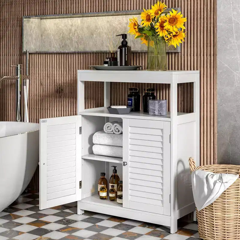 Meuble de salle de bain sur pied Costway avec double porte persienne et organiseur de rangement