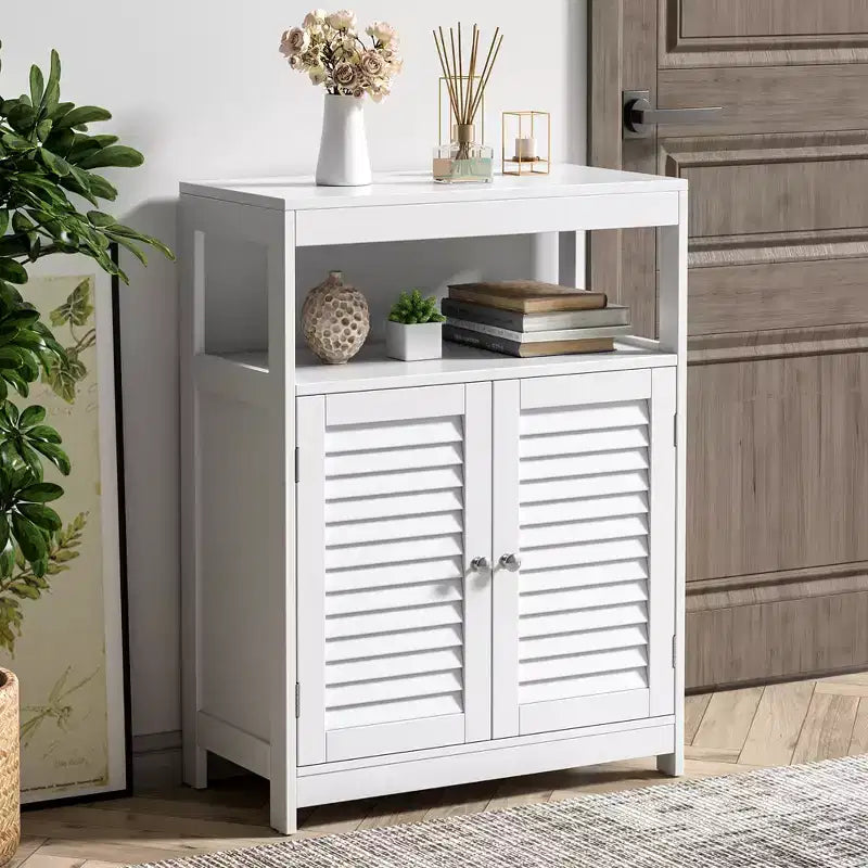 Meuble de salle de bain sur pied Costway avec double porte persienne et organiseur de rangement