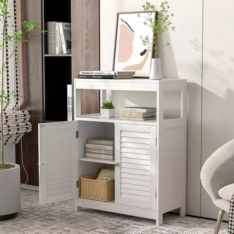 Meuble de salle de bain sur pied Costway avec double porte persienne et organiseur de rangement