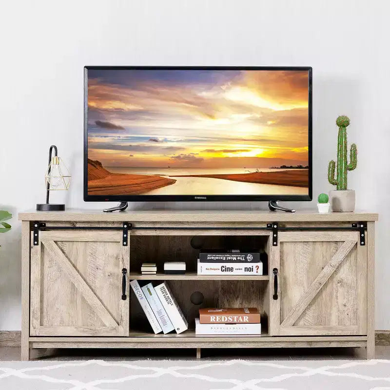 Meuble TV Costway – Meuble console avec porte coulissante type grange pour téléviseurs jusqu'à 60 po