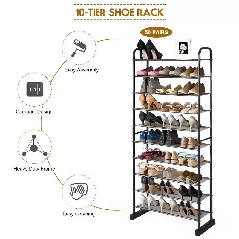 Costway Meuble à Chaussures 10 Niveaux, Organisateur de Chaussures Peu Encombrant avec Cadre en Métal, Tour à Chaussures