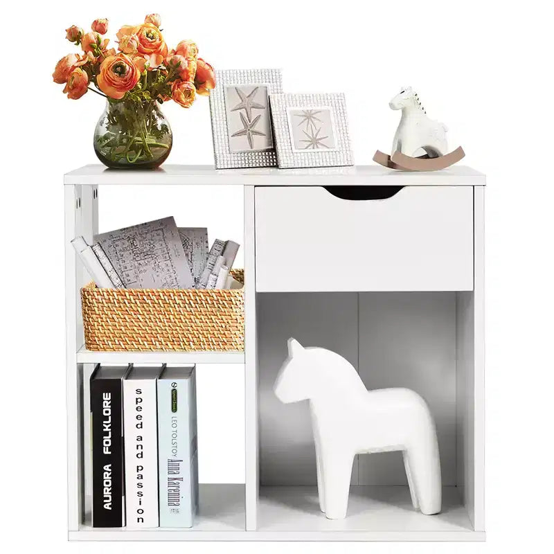 Table d'appoint à 3 niveaux Costway avec étagère de rangement et tiroir, table de chevet peu encombrante, blanc