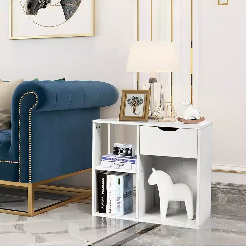Table d'appoint à 3 niveaux Costway avec étagère de rangement et tiroir, table de chevet peu encombrante, blanc