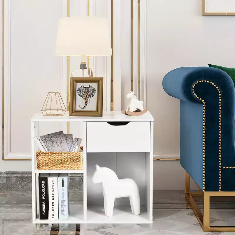 Table d'appoint à 3 niveaux Costway avec étagère de rangement et tiroir, table de chevet peu encombrante, blanc
