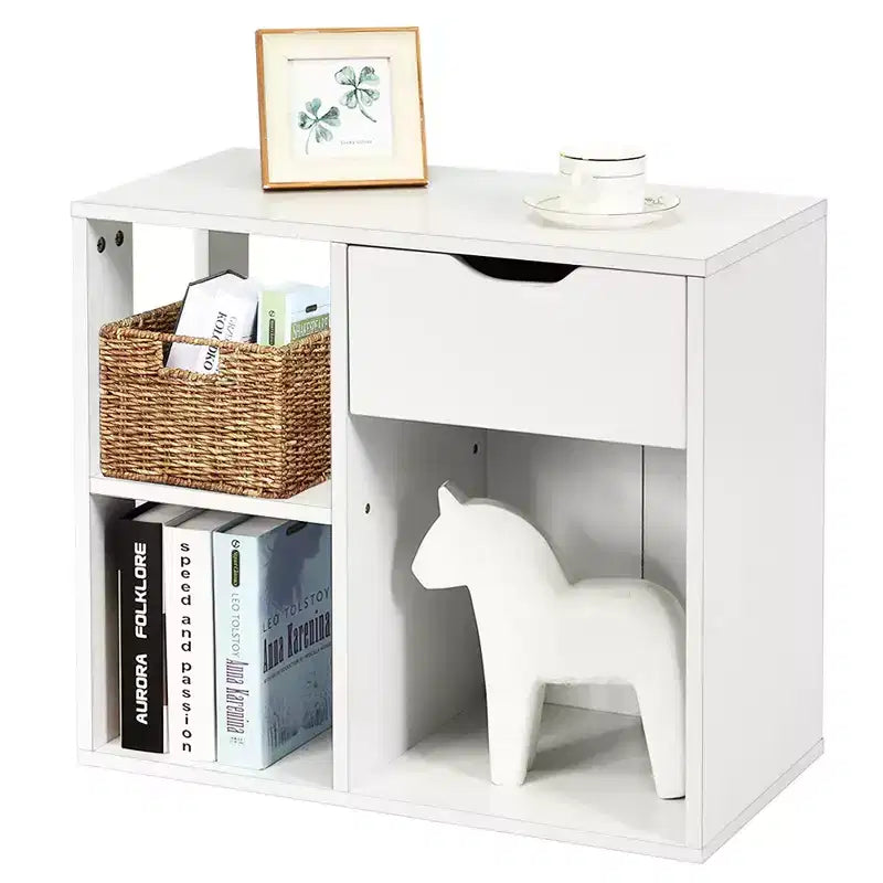 Table d'appoint à 3 niveaux Costway avec étagère de rangement et tiroir, table de chevet peu encombrante, blanc